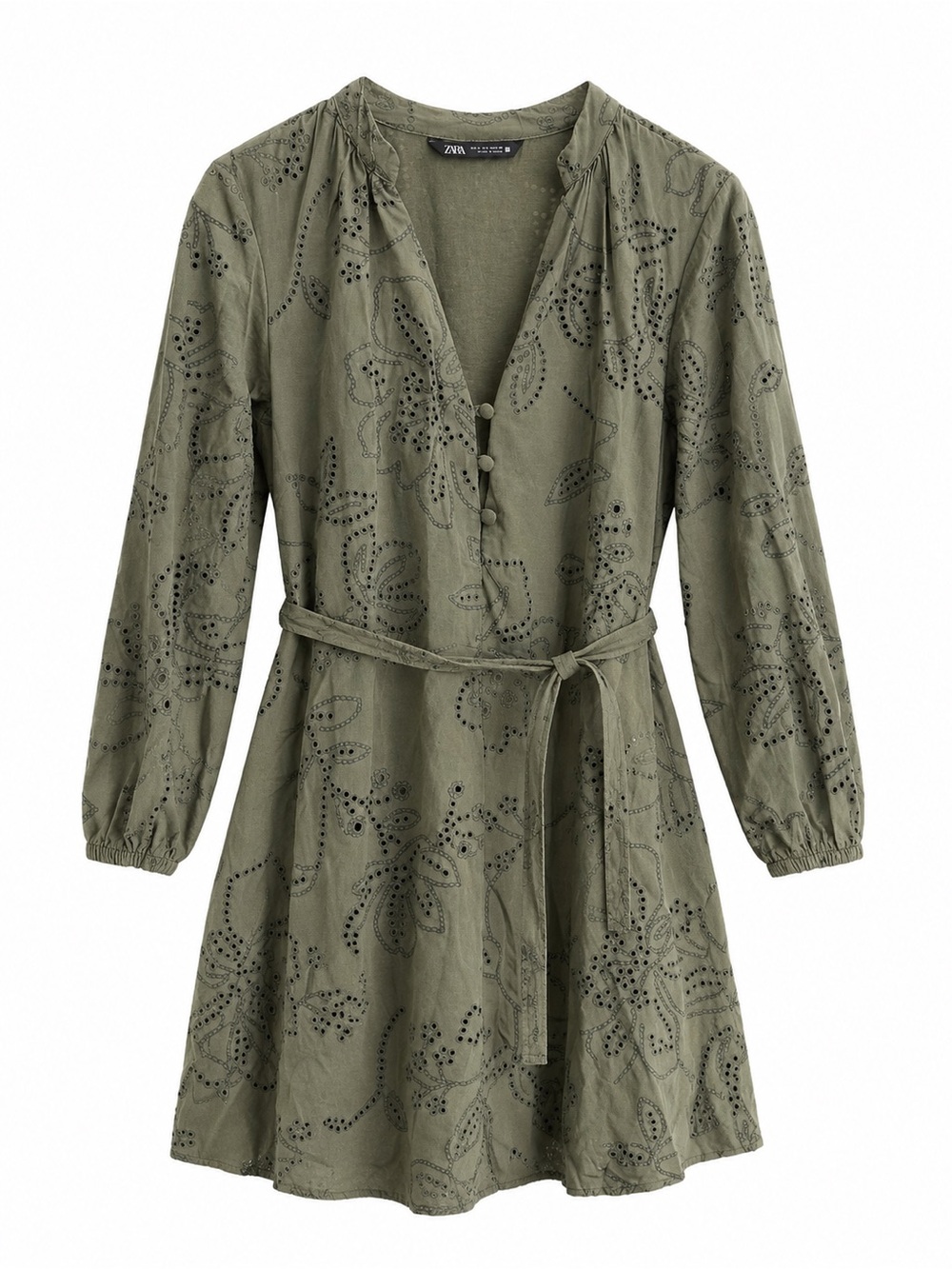 Zara Olive Green Embroidered Eyelet V-Neck Belted Mini Dress Size S